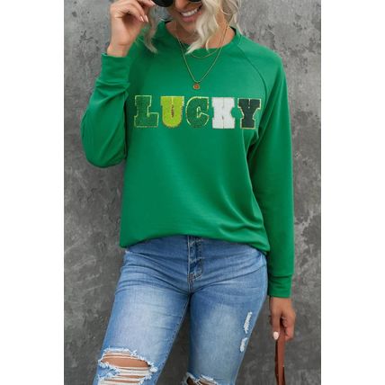 Green St Patricks LUCKY Chenille Embroidered Graphic Sweatshirt