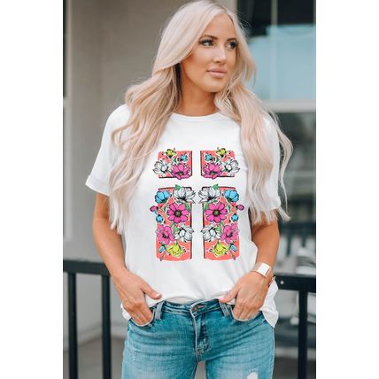 White Floral Crossed Graphic Easter Round Neck T Shirt