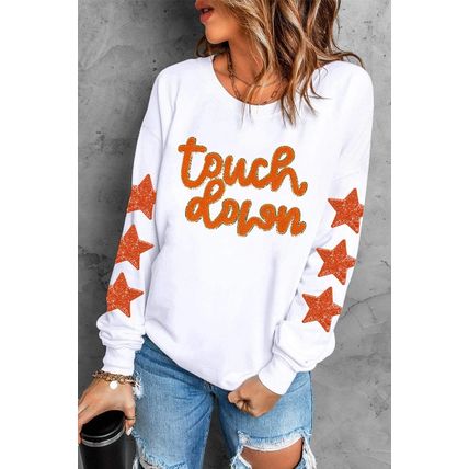 Beige Glittering Touch Down Patched Pattern Star Sleeve Sweatshirt