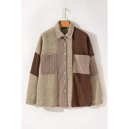 Khaki Houndstooth Color Contrast Textured Patchwork Loose Shacket