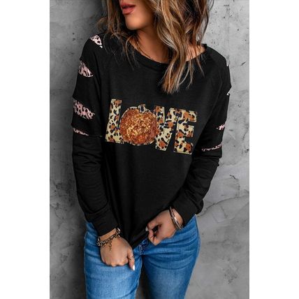 Black LOVE Sequin Pumpkin Leopard Print Cut Out Sleeve Sweatshirt