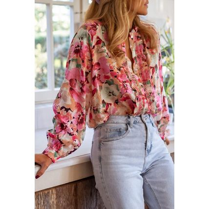 Red Floral Print Ruffled Stitch Buttoned Loose Fit Shirt