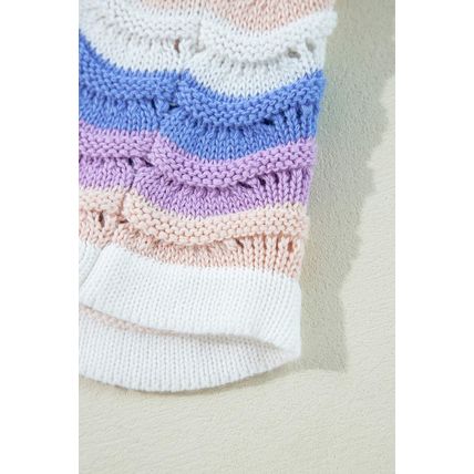 Purple Stripe Wavy Pointelle Knit Drop Shoulder Sweater