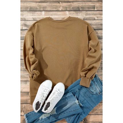 Camel Solid Fleece Lined Drop Shoulder High Low Sweatshirt
