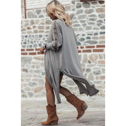 Medium Grey Aztec Accent Side Slit Open Front Long Cardigan