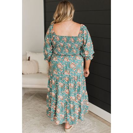 Green Plus Size Floral Print Square Neck Smocked Maxi Dress
