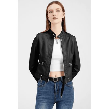 Black Faux Leather Snap Button Stand Neck Zipped Pocket Jacket