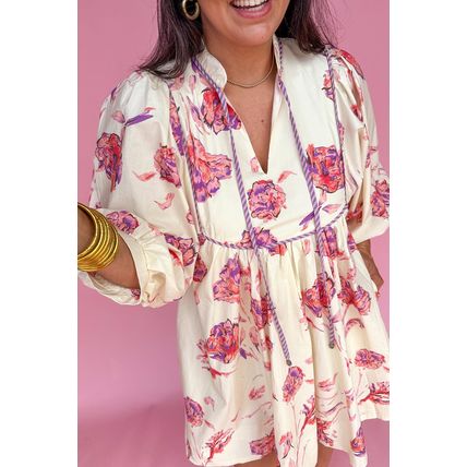 White Floral Print Lace up V Neck Balloon Sleeve Plus Size Shift Mini Dress