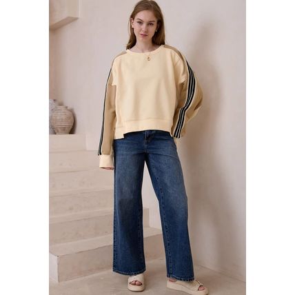 Beige Contrast Striped Patchwork Drop Shoulder Loose Sweatshirt