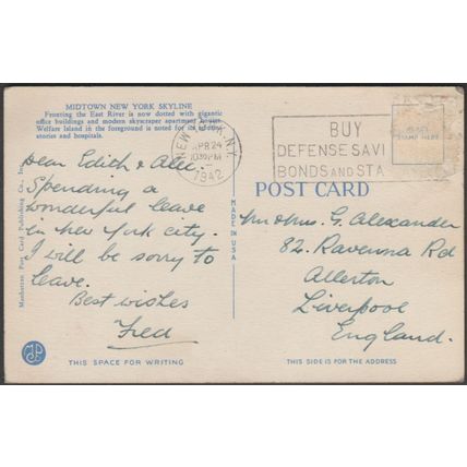 Midtown New York Skyline & Welfare Island, 1942 - Manhattan PCP Co Postcard