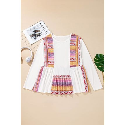 White Western Aztec Print Patchwork Ruffled Tunic Long Sleeve Babydoll Top