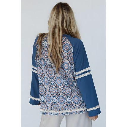Blue Geometric Printed Lace Patchwork Ric Rac Raglan Long Sleeve Top