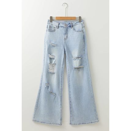 Beau Blue Light Wash Distressed High Waist Wide Leg Jeans