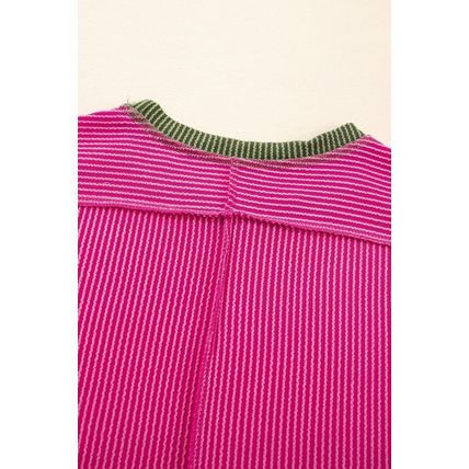 Rose Red Textured Contrast Trim Round Neck T Shirt