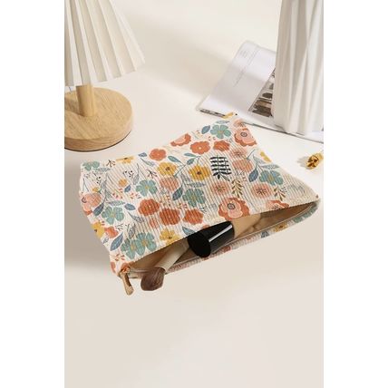 White Floral Print Zipper Corduroy Cosmetic Storage Bag