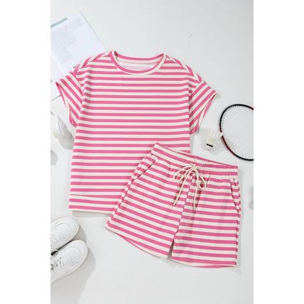 Rose Stripe Crew Neck T Shirt and Drawstring Shorts Set