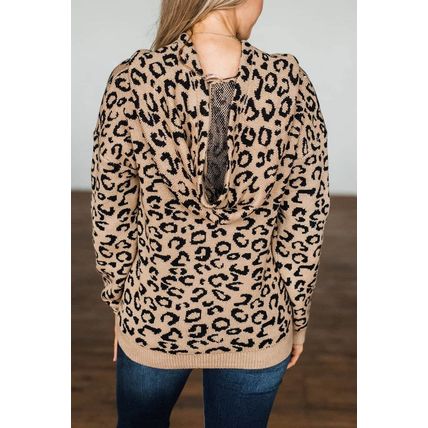 Khaki Leopard Knitted Drawstring Hooded Sweater