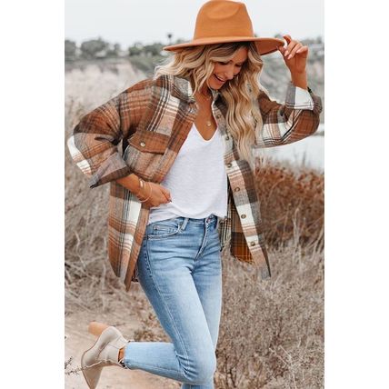 Brown Plaid Flap Pockets Shacket