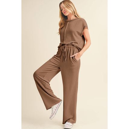 Coffee Solid Color Corded Short Sleeve Top and Casual Pants Set