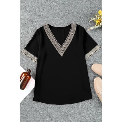 Black Lace Trim V Neck Short Sleeve Blouse