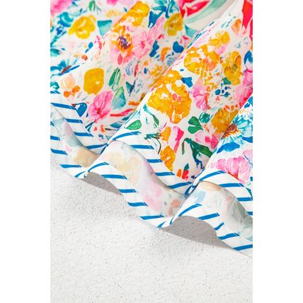 Pink Floral Print Striped Detail Split Neck Short Sleeve Blouse