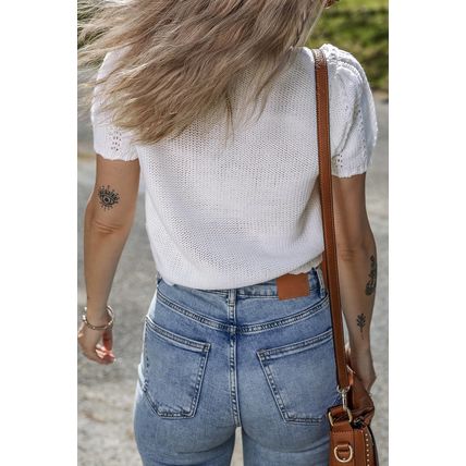 White Pointelle Knit Short Puff Sleeve Crewneck Sweater