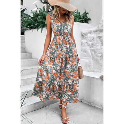Green Floral Print Trimmed V Neck Tie Waist Sleeveless Holiday Long Dress