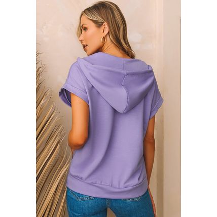 Purple Short Sleeve Buttoned Neck Kangaroo Pocket Hoodie