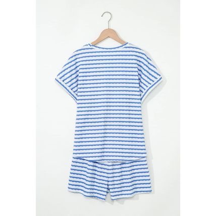 Sky Blue Stripe Knitted Short Sleeve Top and Drawstring Shorts Set