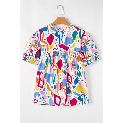 White Abstract Print Shirred Cuff Puff Sleeve Plus Size Blouse