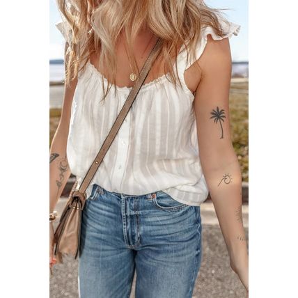 White Lace Crochet Ruffled Buttoned Loose Fit Tank Top