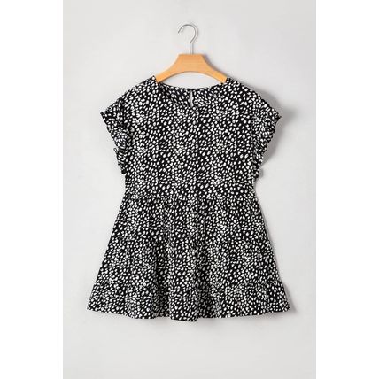 Black Leopard Print Ruffled Short Sleeve Keyhole Back Tiered Flowy Plus Size Blo