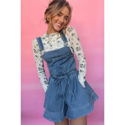 Sky Blue Buckle Straps Bib Style Tied Backless Flared Denim Overall