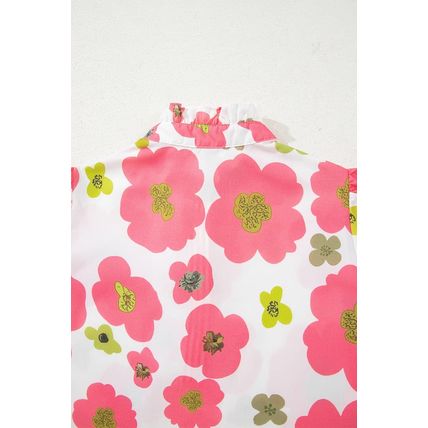 Pink Floral Ruffle Short Sleeve Striped Buttoned Collar Blouse