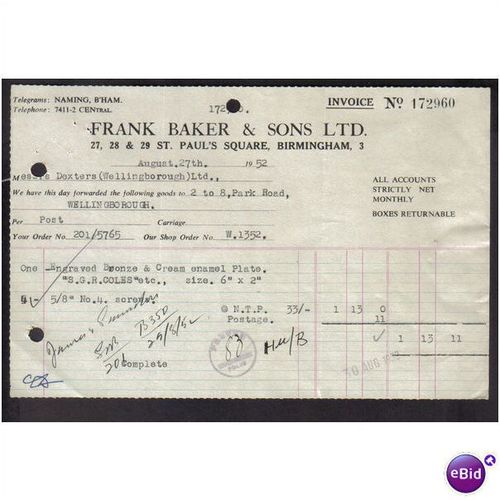 FRANK BAKER & SONS LTD,ST PAULS SQ,BIRMINGHAM3,27AUG 1952