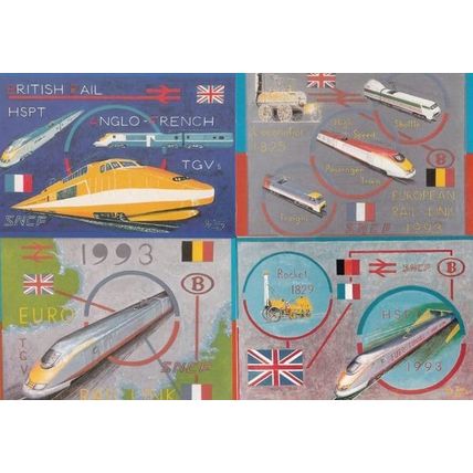 Euro Channel Tunnel Painting 4x Drawing Transportation Postcard s
