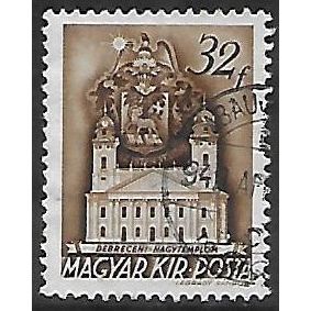 Mi 608: 32 f. deep brown Definitive: Great Reformed Church, Debrecen, wmk. IX B1