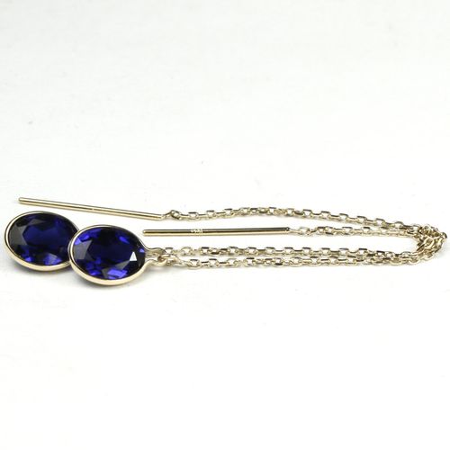 Created Blue Sapphire, 14KY Gold Threader Earrings, E005