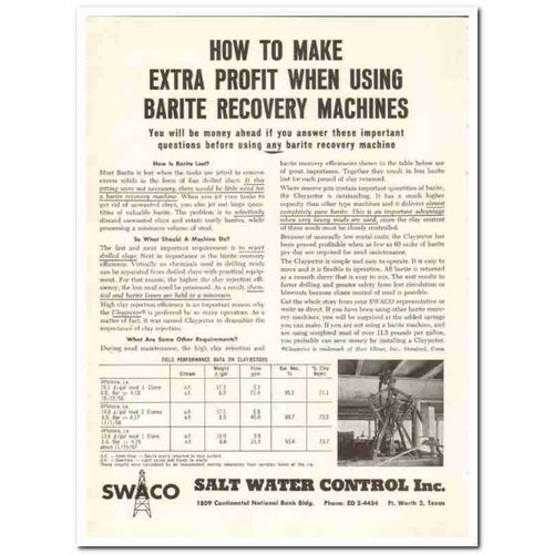 SALT WATER CONTROL INC 1959 Extra profit barite recovery vintage ad