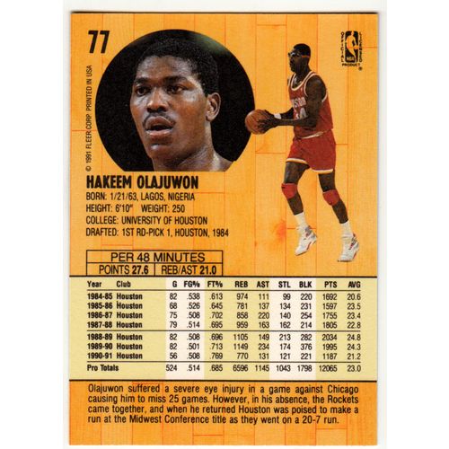1991 Fleer Basketball card 77 Hakeem Olajuwon - Rockets