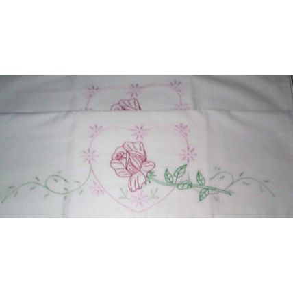 Crochet and Embroidered Pillowcases - - Heart & Rose - - Pair - - Standard Size
