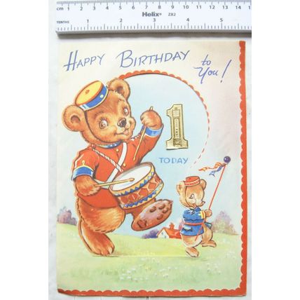 1957 Birthday card - 1 year old, teddy with drum