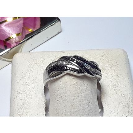 Black & Natural White Diamond .13ctw 5 Row alternating Sterling Silver Ring19957