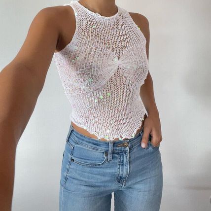 Women's T-shirt Sexy Fashion Openwork Crop Top Sleeveless Casual