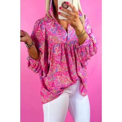 Bonbon Abstract Print Collared V Neck Babydoll Blouse
