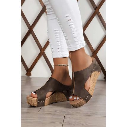 Chestnut Hollow Out Studded PU Leather Wedge Slippers