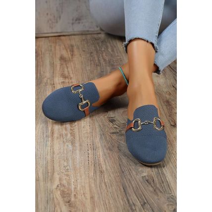 Sky Blue Leather Strap Buckle Decor Slip On Flats