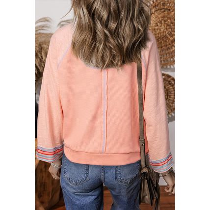 Grapefruit Orange Waffle Knit Wide Bracelet Sleeve Patchwork Raglan Top