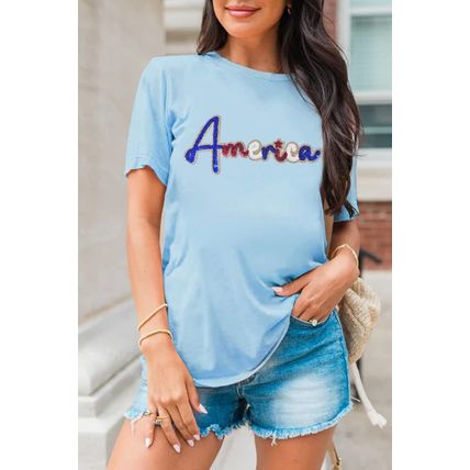 Light Blue Sequin America Graphic Crewneck Patriotic T Shirt