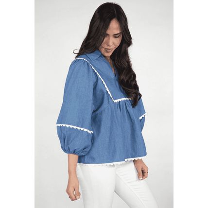 Dusk Blue Lace Ric Rac 3/4 Puff Sleeve Collared Babydoll Blouse